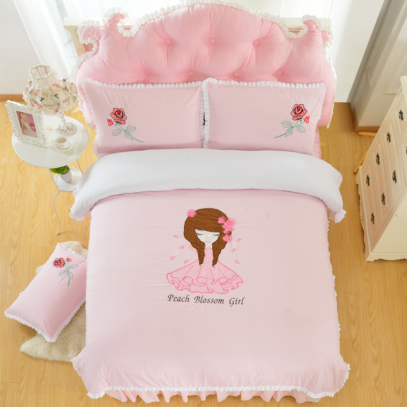 韩版公主风床罩床裙式荷叶花边四件套粉色女孩儿童卡通1.5/1.8m床