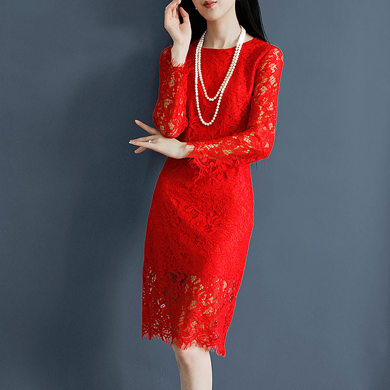 2016秋冬装新款韩版红色镂空刺绣蕾丝修身长袖中长裙女打底连衣裙