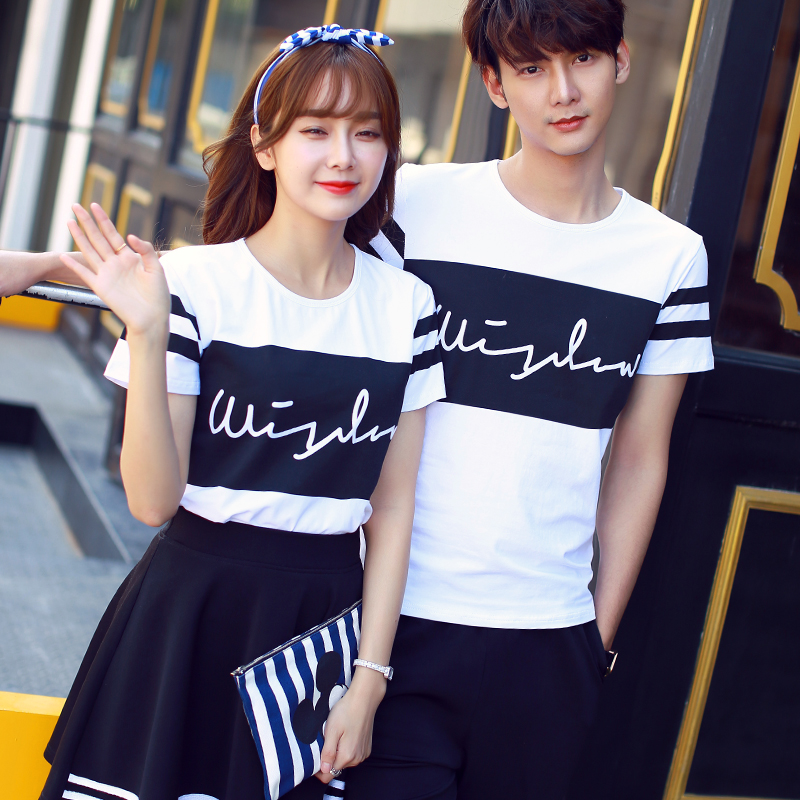 2016夏季情侣装短袖t恤男士印花上衣新款韩版两件套女套装班服