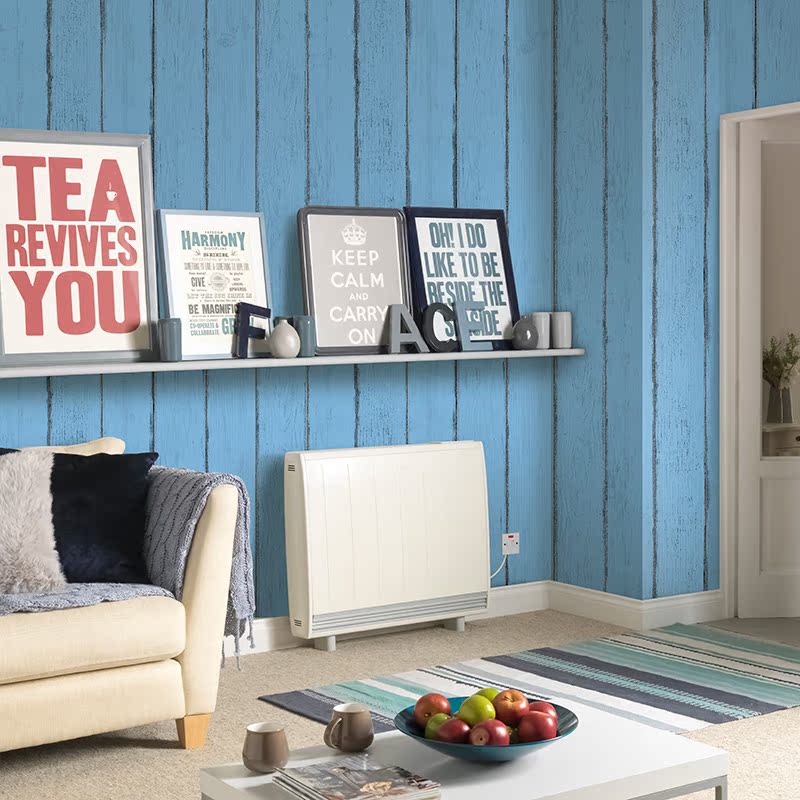 深蓝色地中海宽条纹美式复古怀旧木纹壁纸简约现代电视影视墙卧室