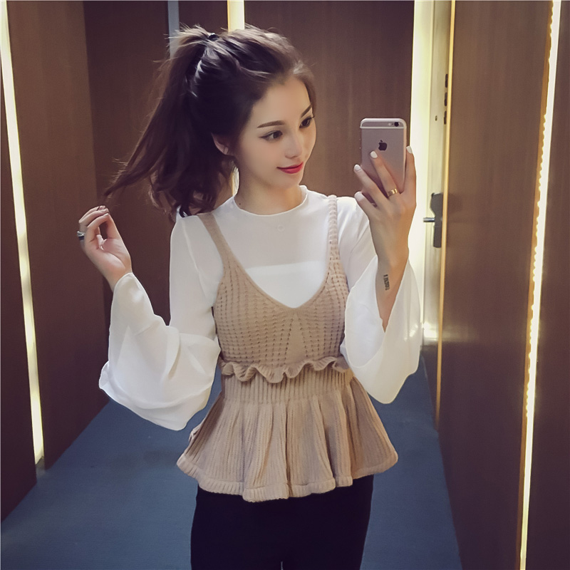 2016秋季韩版新款荷叶袖雪纺衫+吊带针织衫修身两件套上衣女潮