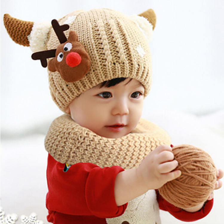 韩版冬季男女儿童毛线帽宝宝加绒保暖套头两件套3-6-12个月小孩帽
