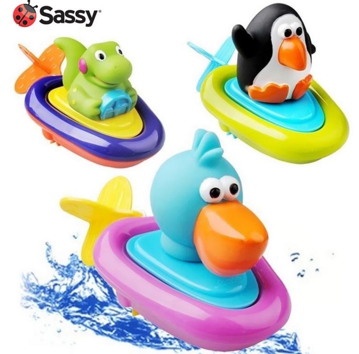 Sassy动物小船鴨子戏水宝宝婴儿洗澡玩具戏水拉绳发条船儿童玩水