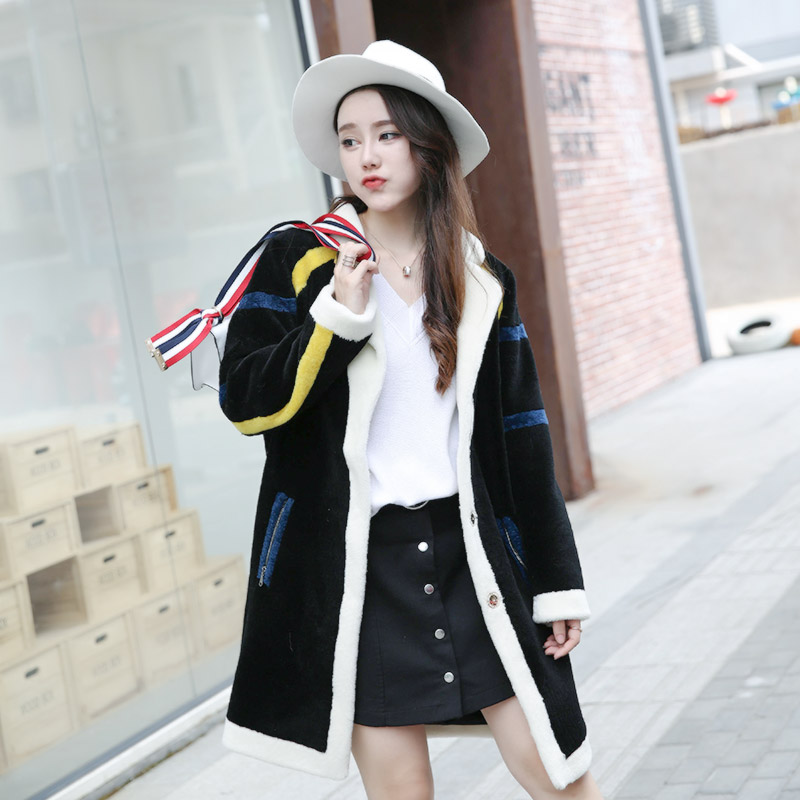 2016新款韩版羊皮毛一体女大衣中长款连帽女式皮草外套