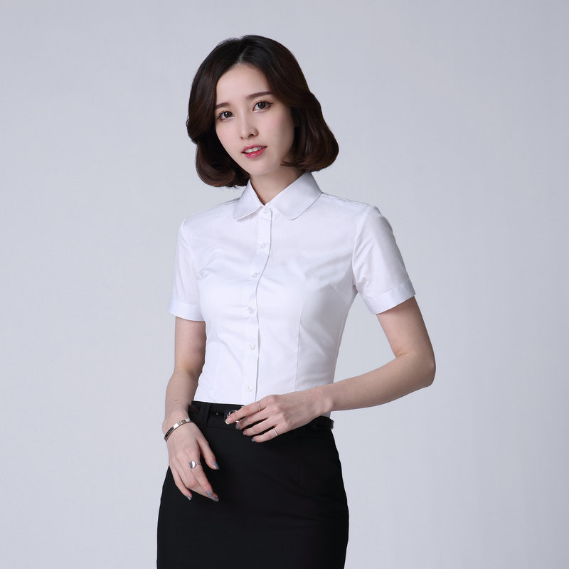 2016新款韩版大码短袖衬衫修身OL简约职业装上衣娃娃领衬衫女白色