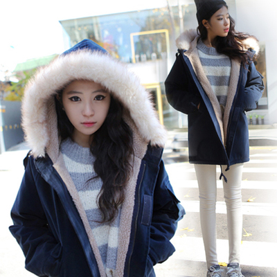 冬季韩国棉衣女中长款大毛领羊羔毛外套工作服加厚加绒棉服学生潮
