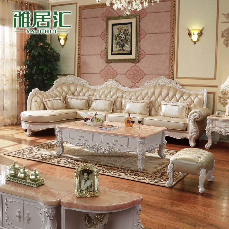 欧式真皮转角沙发 头层牛皮实木雕花客厅奢华组合家具 欧式皮沙发