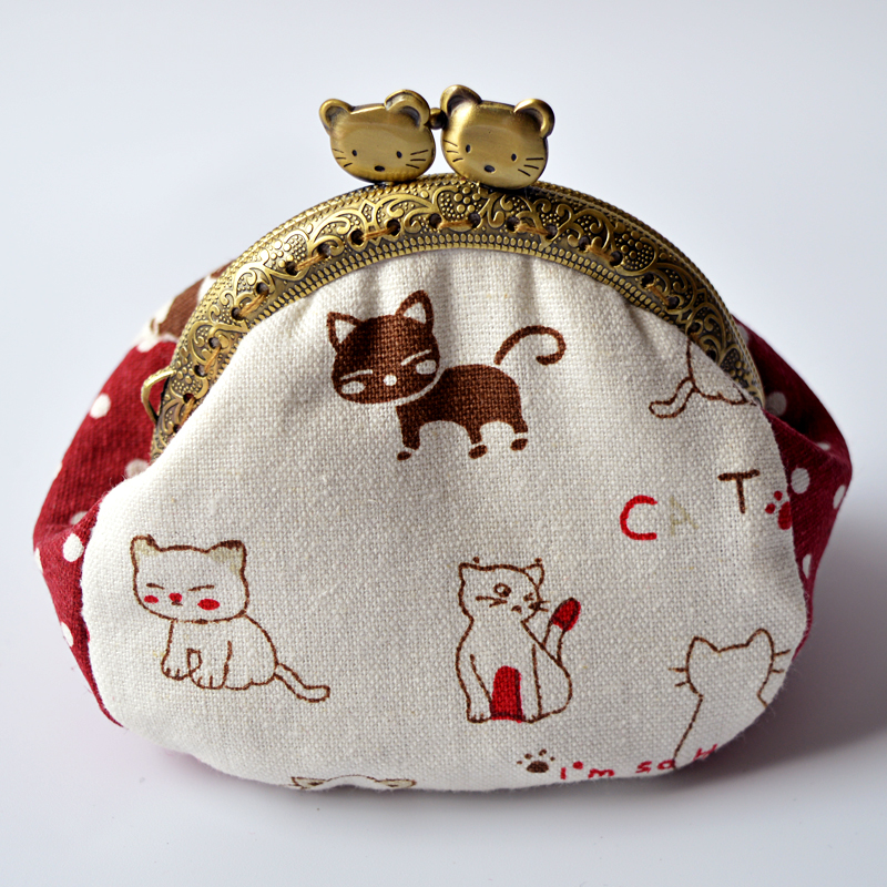 树里原创手工包 新款可爱小猫咪图案口金包 小饰品硬币零钱收纳包