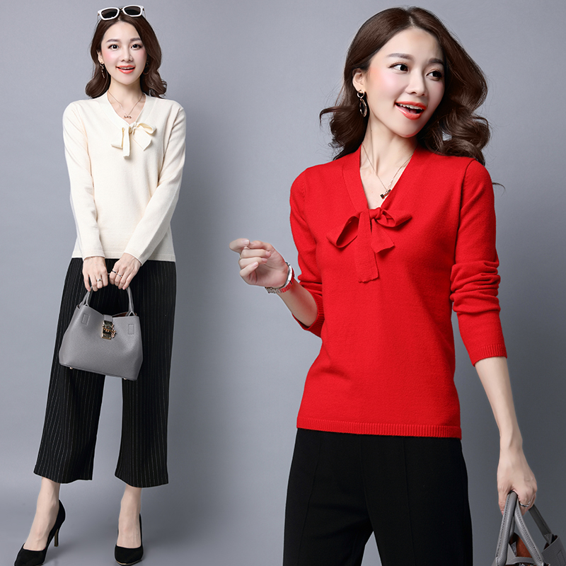 2016秋季女装韩版修身套头系带领针织衫长袖纯色毛衣女打底衫上衣