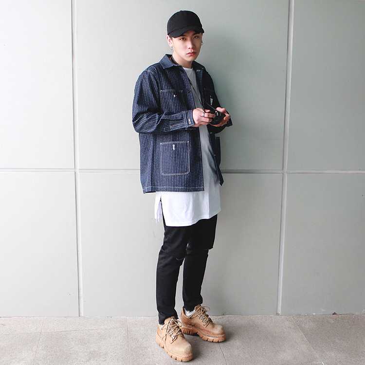 HOLIGAN韩国原创男装代购 韩版宽松条纹夹克外套口袋装饰时尚潮男