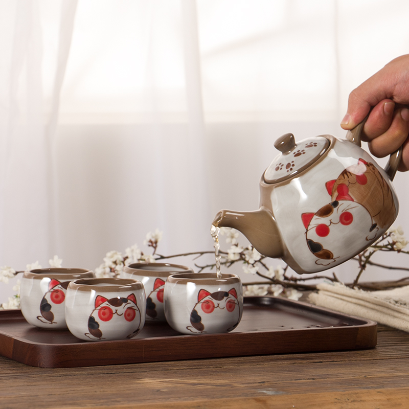 窑匠日式茶具套装 卡通猫咪茶具功夫茶具茶壶茶杯可爱手绘釉下彩