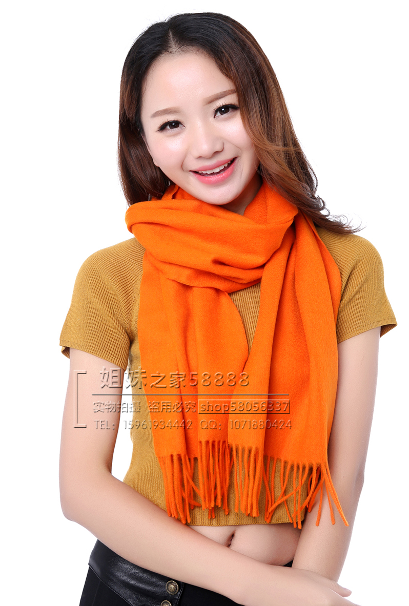 2016纯羊绒围巾 女士秋冬保暖空调披肩两用 纯色流苏加厚款橘色