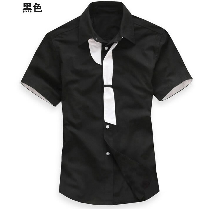 2016青春流行男士短袖衬衫男韩版修身假领带薄款纯黑色ra5v14
