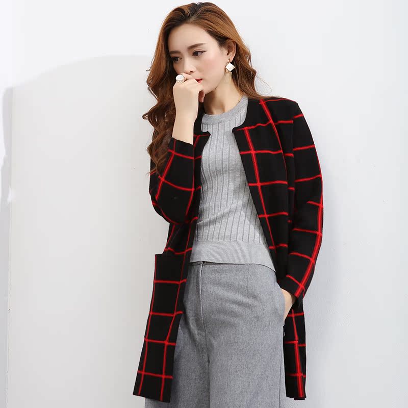 2016秋季新款韩版格子长袖针织开衫中长款修身圆领口袋毛衣外套女