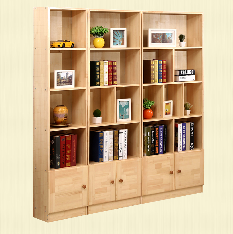 包邮实木书柜书架简易组合成人书橱书架置物架儿童带门松木柜子