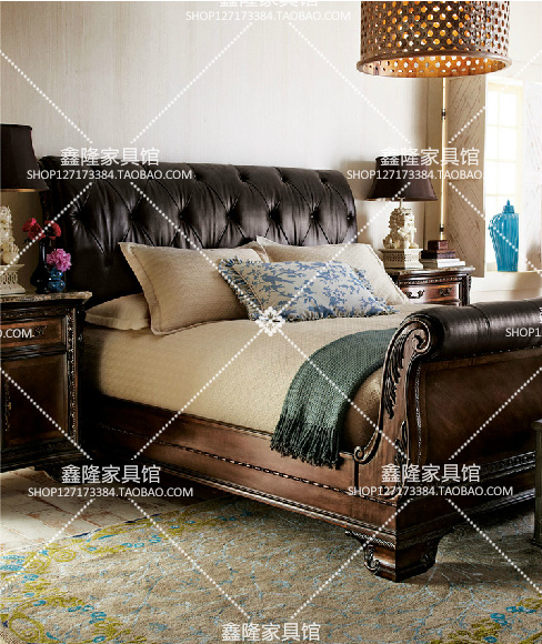 美式乡村家具定制卧室实木床欧式实木雕花布艺双人床