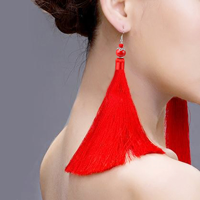 特价民族风红色流苏耳坠丝线复古耳环表演出耳饰长款气质陶瓷女士