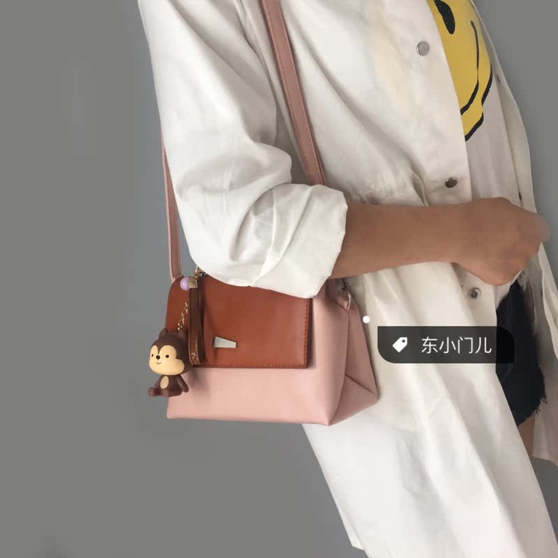 韩国女包秋季新款撞色铁把手提包时尚百搭单肩斜挎包送挂件小包包