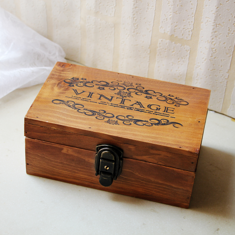 zaka创意首饰盒做旧木盒收纳盒 锁盒复古收纳盒 木质储物盒带锁