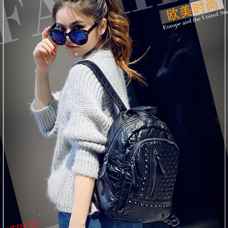 正品代购2016新款韩版时尚手工编织双肩包女真皮羊皮休闲旅行背包