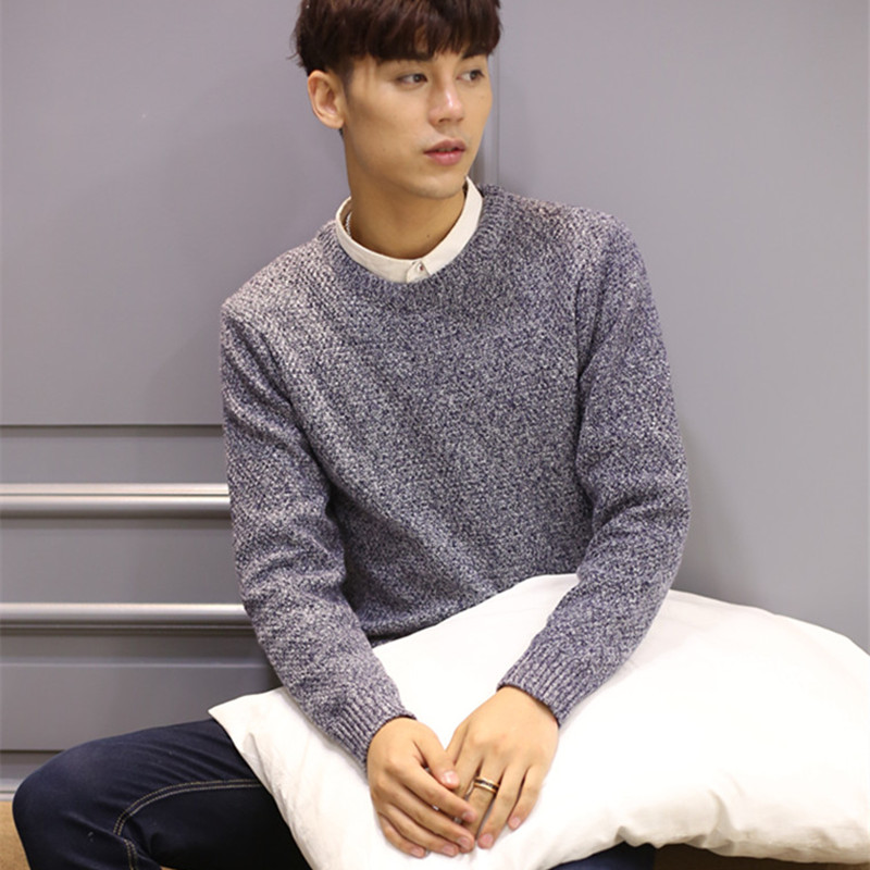 新款套头针织衫男士毛衣圆领修身韩版青少年男装潮流行纯色羊毛衫