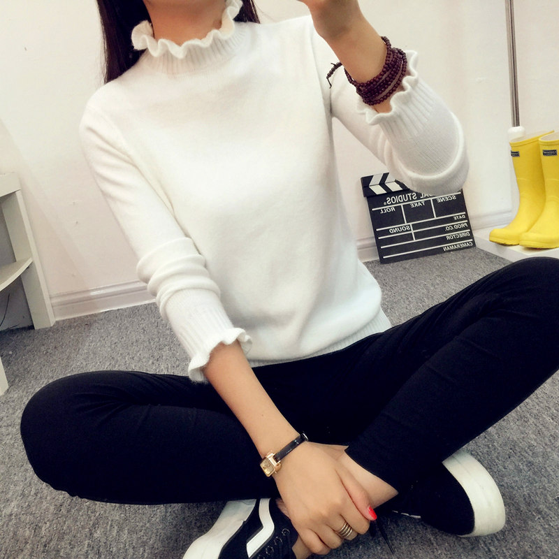 2016秋冬新款韩版荷叶边领修身显瘦套头针织衫女长袖打底衫