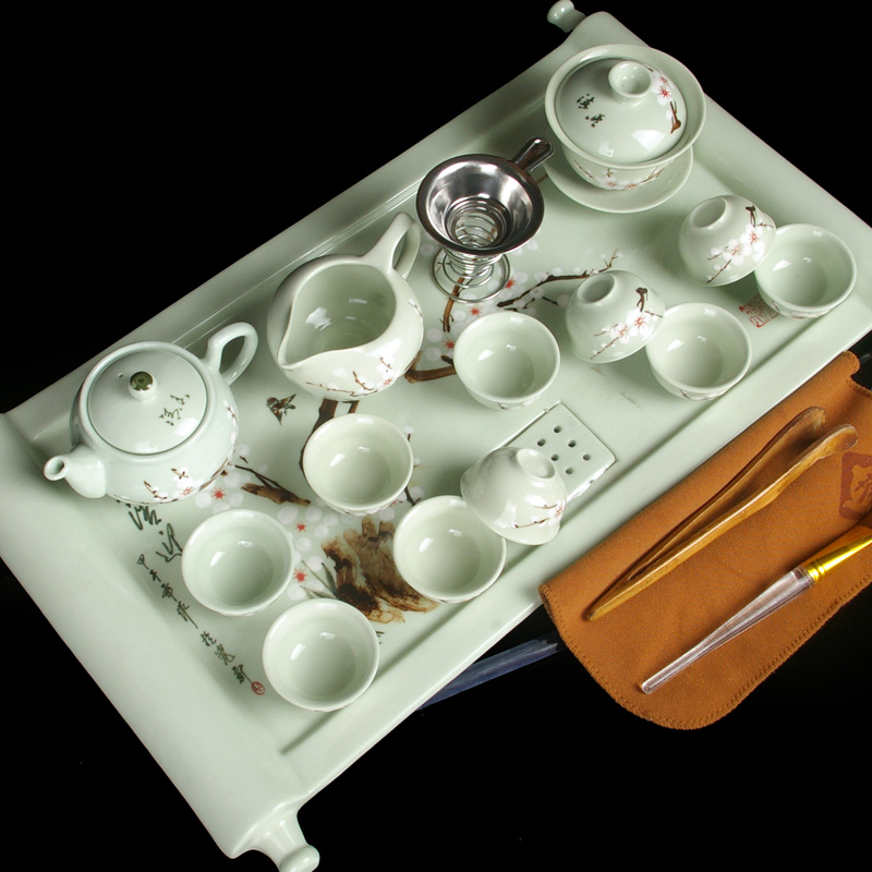 包邮陶瓷功夫茶具套装特价带托盘茶海茶盘盖碗茶壶茶杯单层排水式