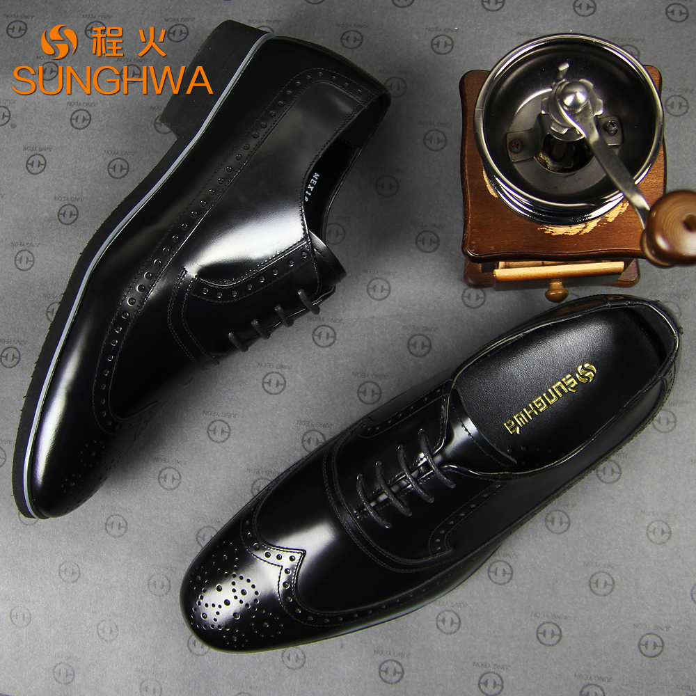 韩版经典男士布洛克商务正装皮鞋棕红色黑色系带结婚鞋头层牛皮鞋