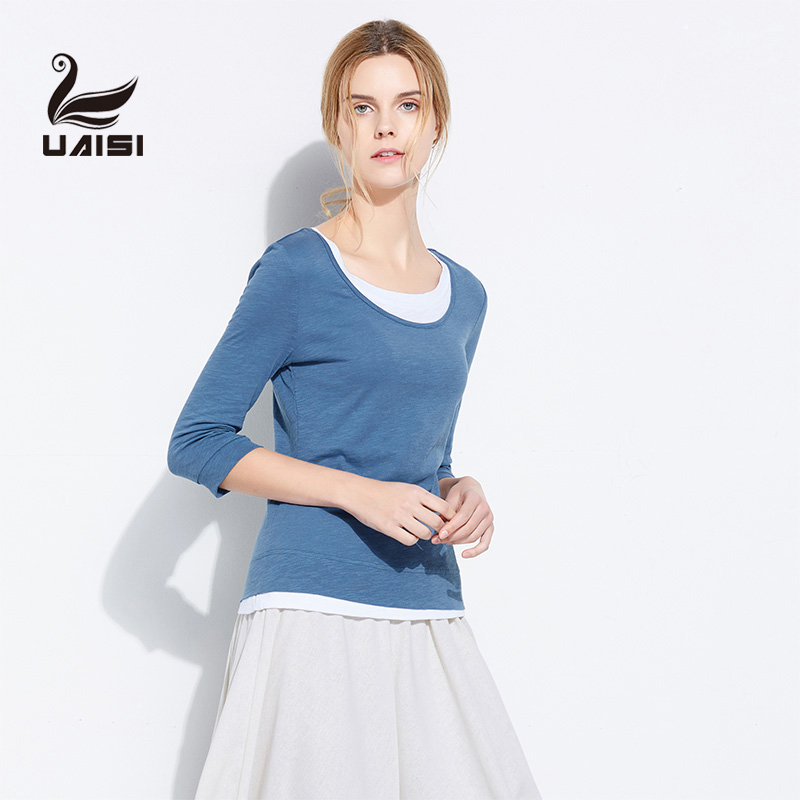 UAISI 2016春季新款女式T恤衫女长袖针织衫时尚假两件T恤大码正品