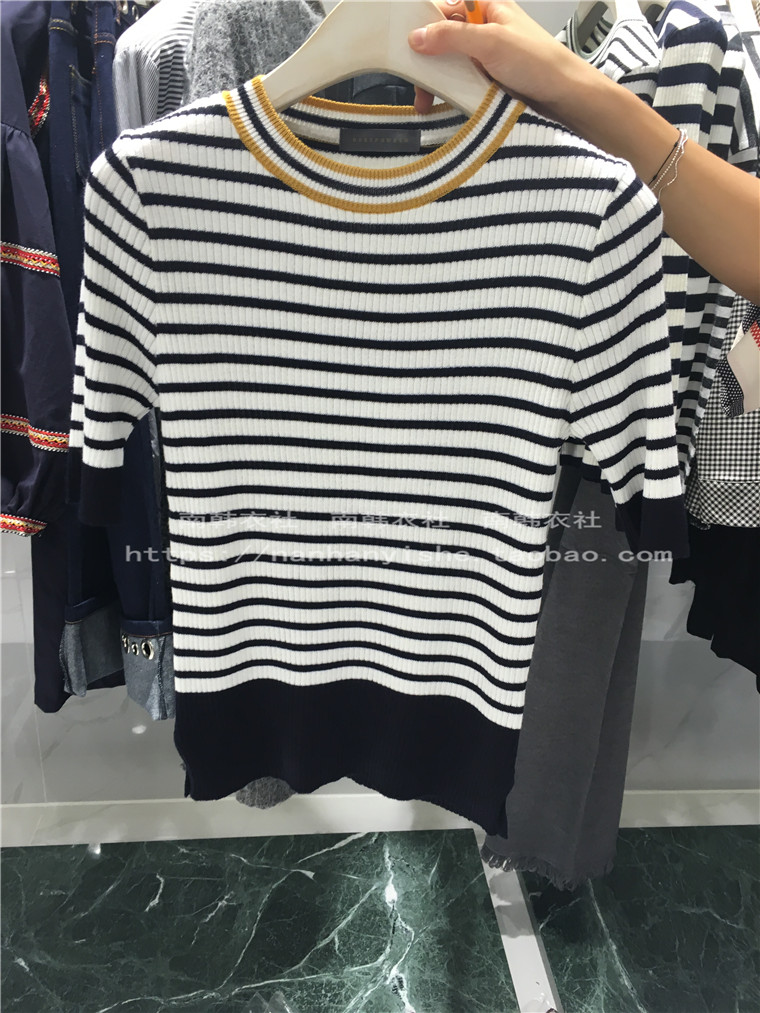 韩国东大门代购正品女装2016秋季款BABYPOWDER领口撞色条纹针织衫