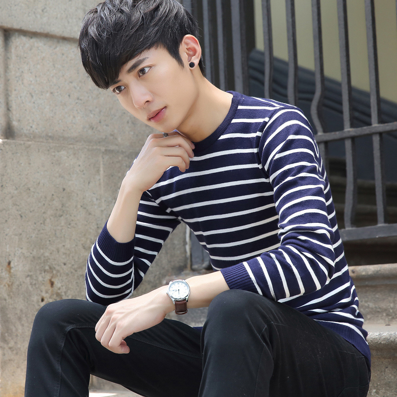 秋季新款韩版线衫 男装修身圆领学生长袖T恤青少年针织纯棉打底衫