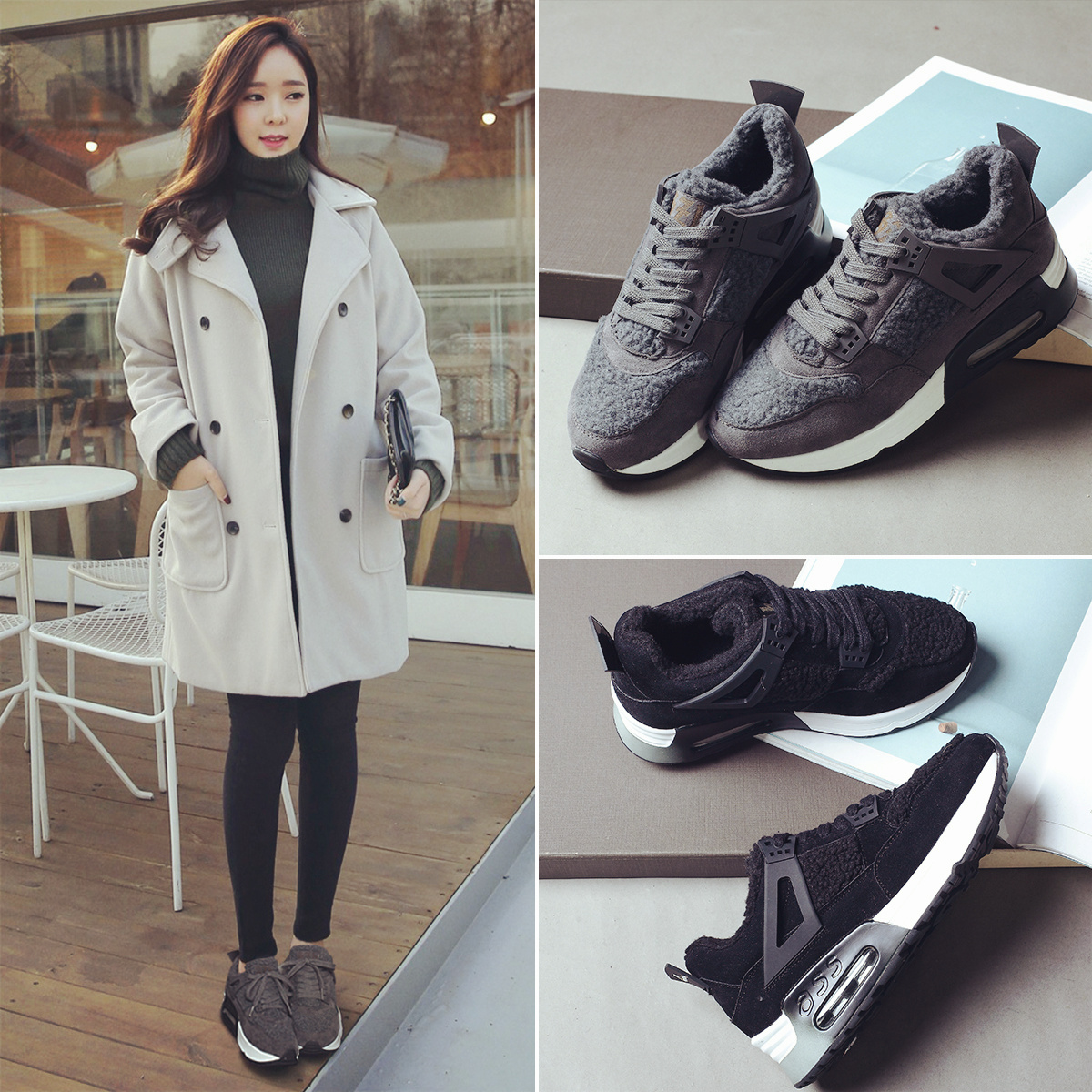 灰色运动鞋女韩版冬季加厚加绒羊羔毛休闲鞋冬鞋气垫跑步鞋棉鞋潮