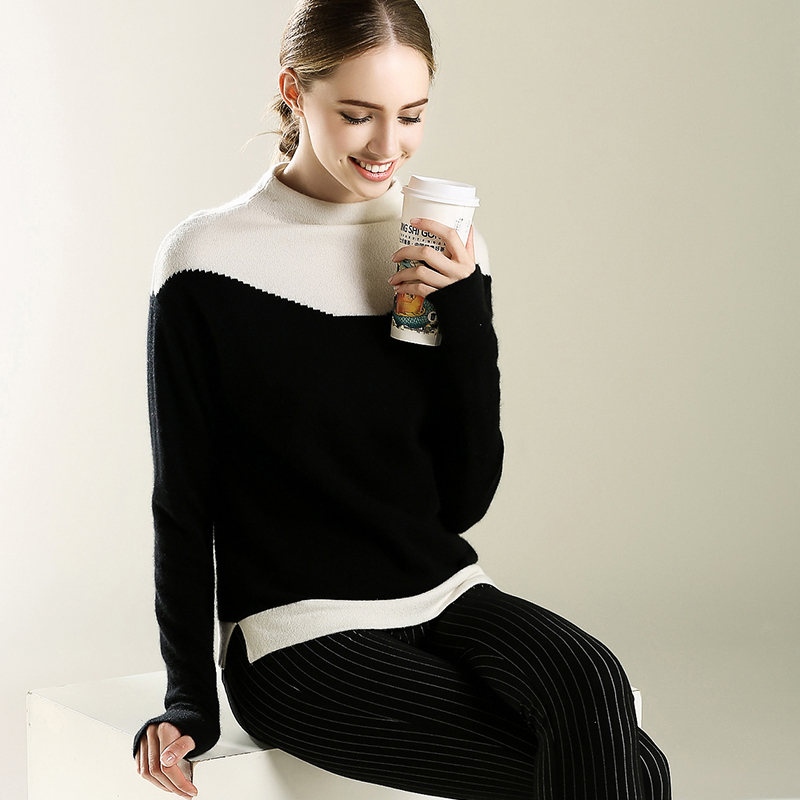 2016冬季新款羊绒衫女半高领套头纯色针织衫拼色毛衣