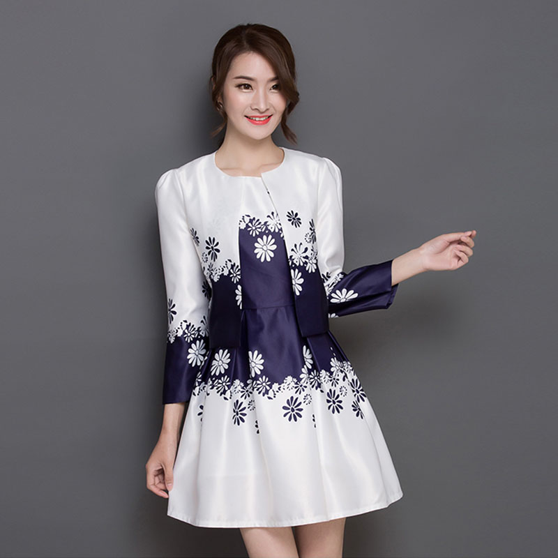 2016春装新款中长款百褶时尚两件套套装裙子显瘦韩版印花连衣裙潮