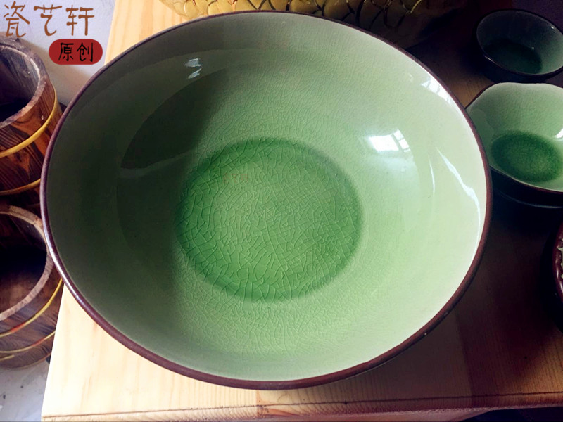 冰裂陶瓷大汤盆 日式餐具冰裂釉 拉面碗韩式绿色沙拉碗 大号汤盆