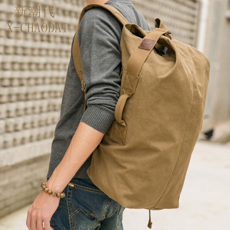 新潮代休闲运动包男双肩包帆布旅行包 大容量户外旅游背包旅行袋