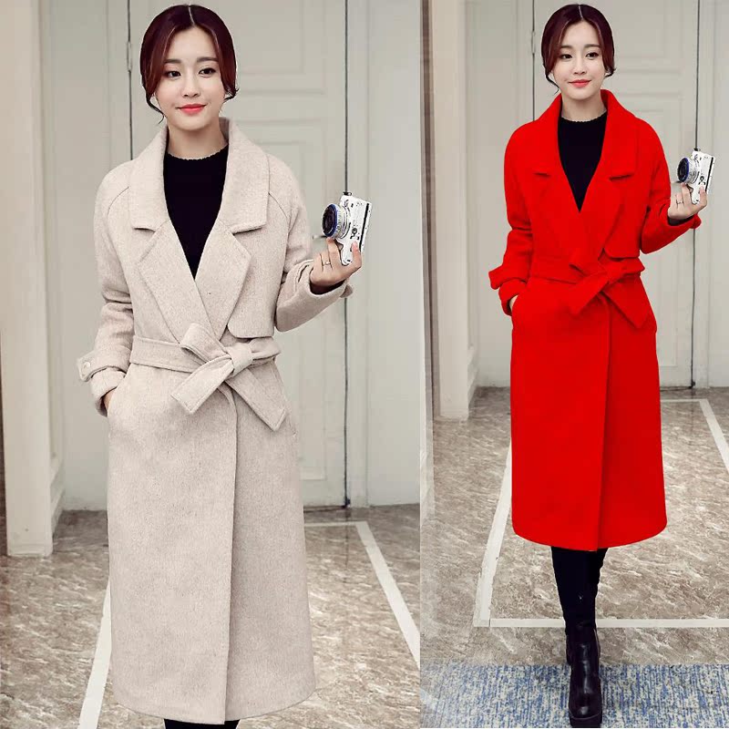 2016秋冬新款韩版中长款修身西装领大红色羊绒羊毛大衣毛呢外套女