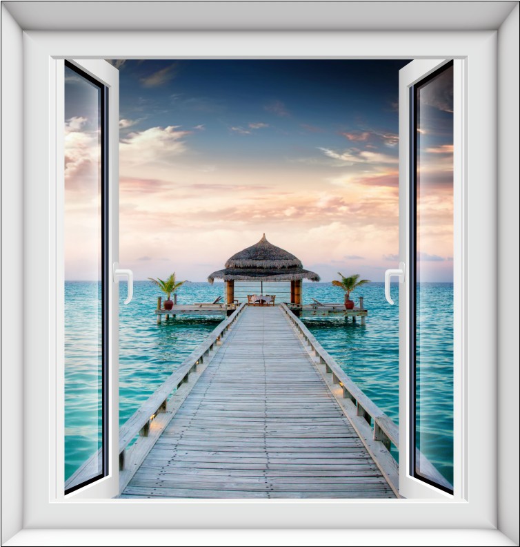 新款竖版假窗贴 假窗户装饰贴 仿真窗墙贴纸 3D立体风景 椰树海滩