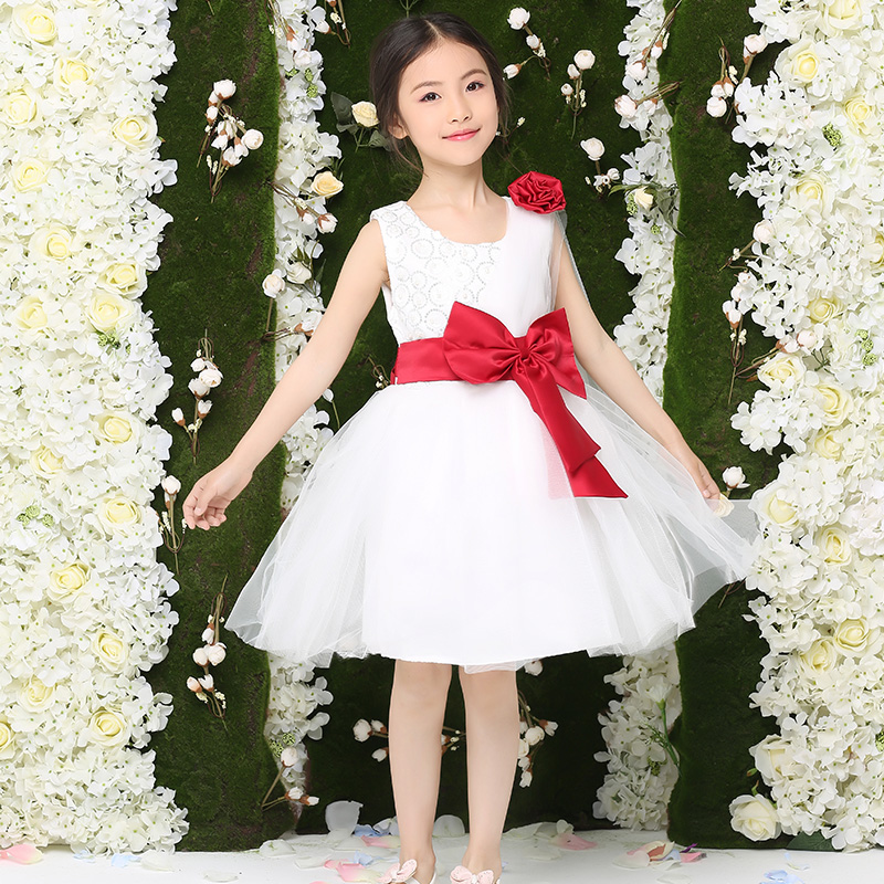 女童连衣裙演出礼服夏季韩国纯色网纱腰花朵公主裙表演服