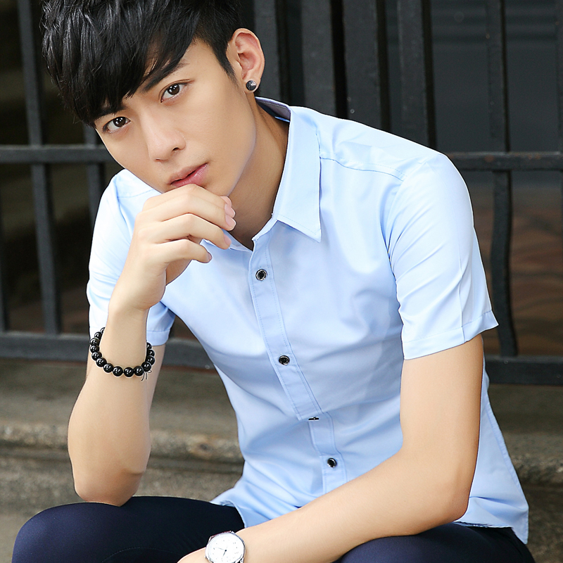 夏季薄款纯色短袖衬衫潮男士韩版修身型寸男装青少年休闲半袖衬衣