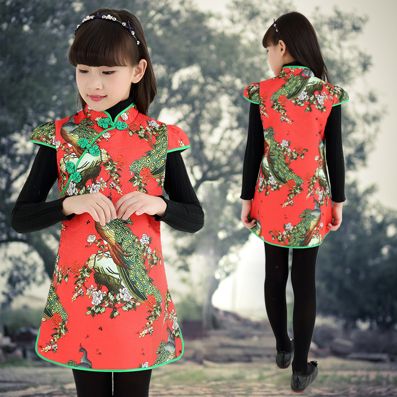 中式童装女童旗袍秋冬童装新款唐装儿童长袖民族风修身立领旗袍裙