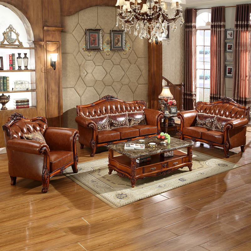 美式乡村真皮沙发简约欧式实木头层牛皮小户型三人位客厅组合家具
