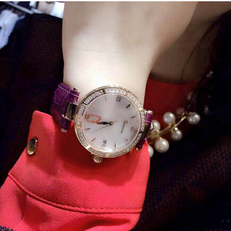 香港kenzina正品时尚潮流真皮女表镶钻时装表水钻带日历石英手表