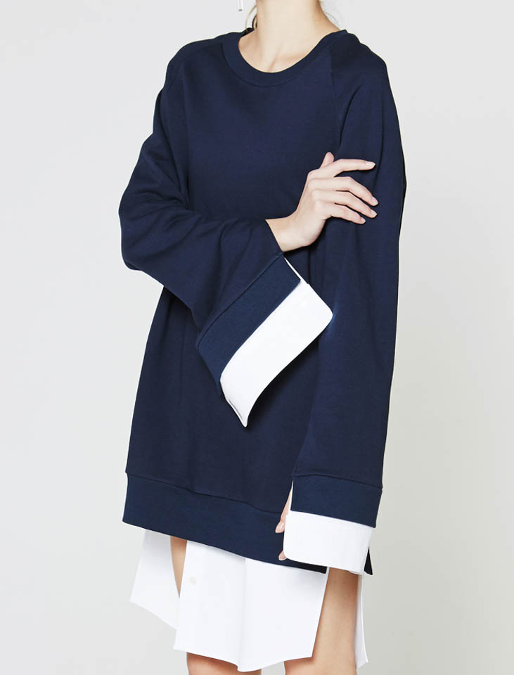 韩国rectorc设计师衬衫拼接假两件水袖开叉不规则卫衣女秋冬套头