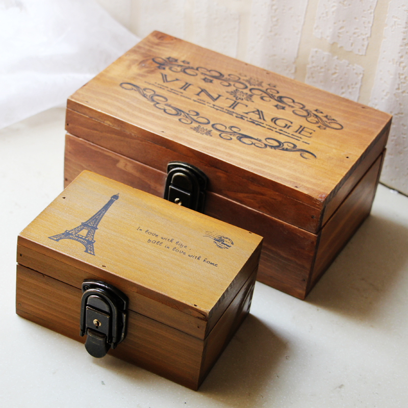 zakka杂货 做旧木盒收纳盒创意家居收纳盒首饰盒巴黎铁塔小锁盒