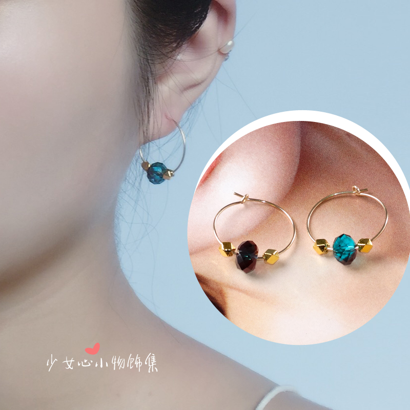 圆圈耳环14K包金 定制简约蓝色施家水晶耳环 S925纯银珠 气质耳圈