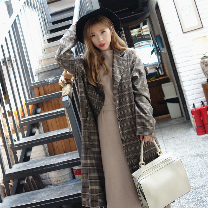 韩国代购2016秋装新款女装外套宽松女西服格子长袖西装扣女上衣