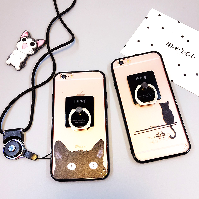 背影猫苹果6s透明挂绳手机壳 简约指环iphone6plus硅胶软半脸猫