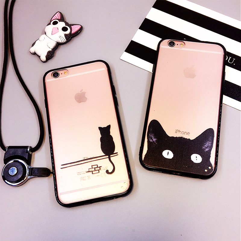 背影猫苹果6透明挂绳手机壳 简约日韩iphone6plus硅胶软半脸猫
