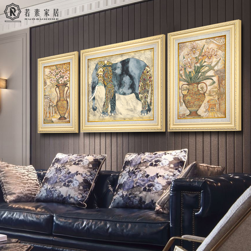 客厅装饰画欧式沙发背景墙挂画美式玄关三联画大象画抽象墙画壁画